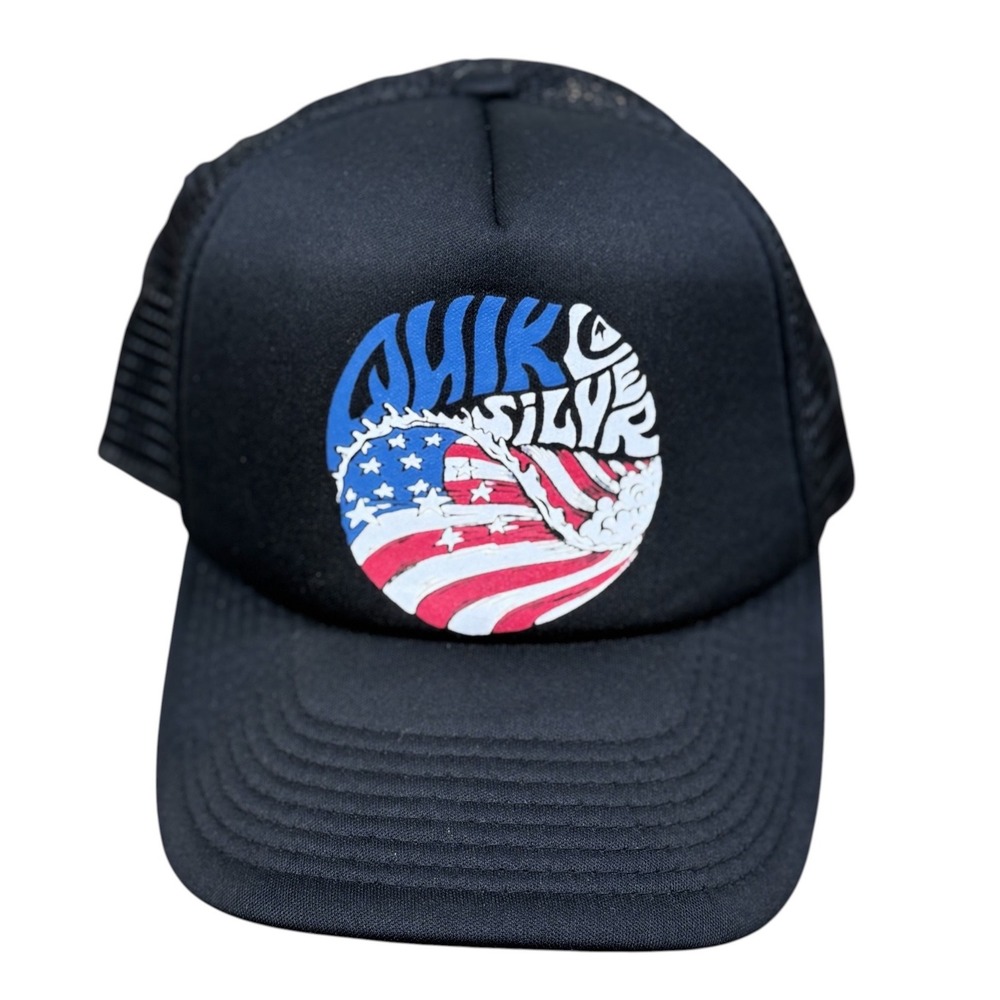 Quiksilver Boys Black American Flag Wave Patriotic Trucker Hat Snapback 55cm